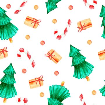 Seamless watercolor pattern  with christmas eve, candy and gif box. Hand drawn illustration can be used for greeting cards, textile printing, wallpaper, wrapping paper and other