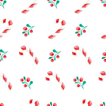 Seamless christmas watercolor pattern with candy and berries on the white background, can be used for greeting cards,textile printing, banners, wallpaper and more