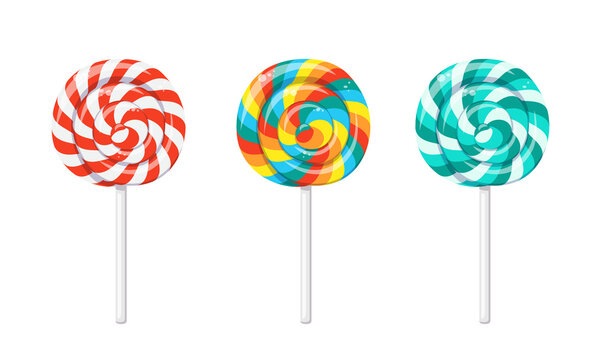 Christmas lollipop with red spirals, rainbow twisted sucker candy on stick. Vector cartoon set of round candies with striped swirls. Mint hard sugar caramel, lollypop isolated on white background