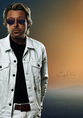 Man in white jeans jacket and sunglasses at coast during sunset.