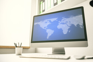 Fototapeta premium Abstract digital world map on modern computer monitor, big data and blockchain concept. 3D Rendering