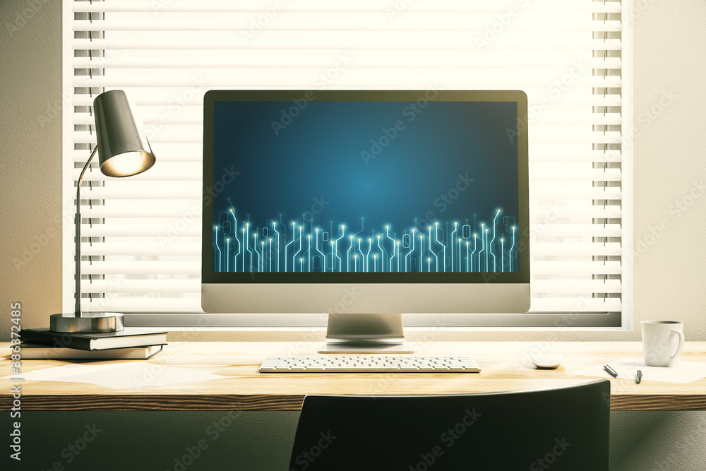 Poster modern computer monitor with circuit hologram. research and development hardware concept. 3d renderi