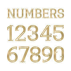 Gold numbers of lines with flourishes. Golden font in art deco style.