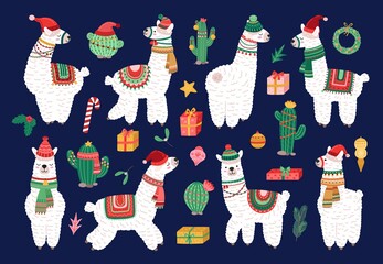 Christmas alpaca. Funny winter llama, holiday cute exotic animals. Scandinavian lama and cactus, cartoon kids wildlife characters vector set. Illustration christmas alpaca, llama cute © MicroOne