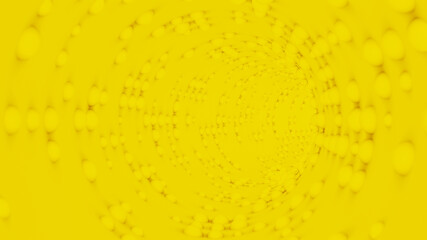Abstract geometric background. Spheres in the tunnel. Yellow balloons and trumpet.3D image.