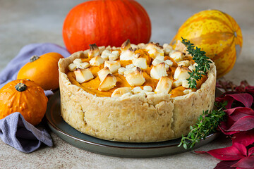 Homemade pumpkin pie or tart for Thanksgiving Day. Savory pie with pumpkin and feta cheese decorated with thyme.