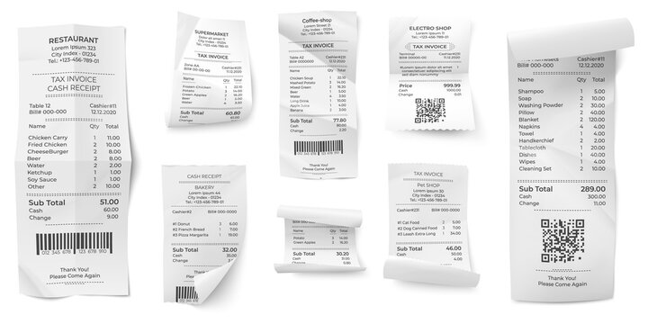 Receipts bill. Atm paper prints, paying ticket shop or store purchase invoice. Isolated realistic supermarket cash order vector collection. Pay receipt paper, finance print invoice illustration