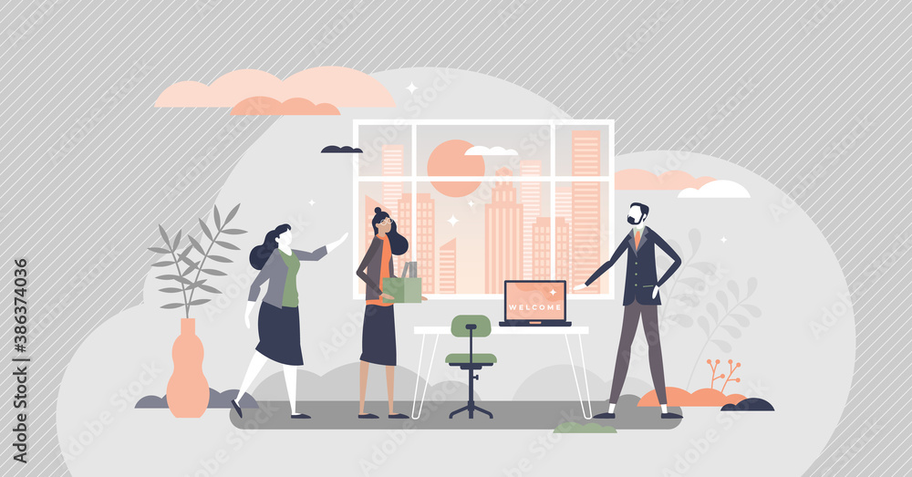 Aufkleber hr employee onboarding with introduction and integration tiny person concept