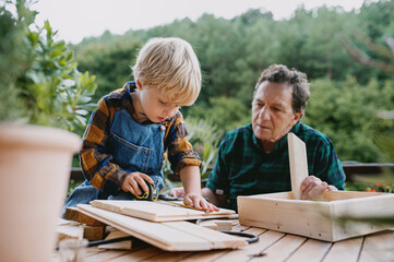Small boy with senior grandfather in wheelchair constructing birdhouse, diy project.