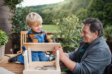 Small boy with senior grandfather in wheelchair constructing birdhouse, diy project.