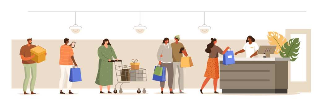 People Characters holding Shopping Bags waiting in Line in front of Cash Desk. Customers Queue in Retail Shop or Supermarket. Sales and Discount Season. Flat Cartoon Vector Illustration.