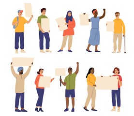 Obraz premium People with placards. Protest characters, male women protesters hold banners. Isolated cartoon activist, demonstration persons vector set. Illustration woman and male demonstration