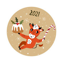 Christmas,Happy New Year Greeting Card.Cute Cartoon Bull with Biscuit Cake Stollen and Sweet Candy Cane.Cow 2021 Symbol.Holiday Winter Atmosphere.Festive Design.Calendar,Cards,Advertising Illustration
