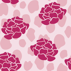 Vector Peonies on Animal Print in Pink seamless pattern background.