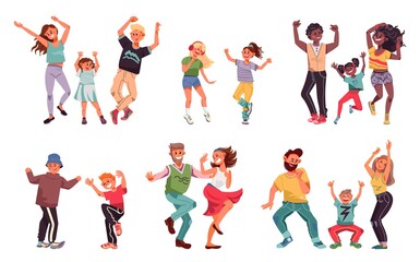 Fototapeta na wymiar Dancing family. Young people, fun kid parents disco dance. Children and couple enjoy good time, happy dad child mother vector characters. Illustration man and female dance, mother and father