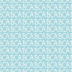 Hand written rows of ABC font seamless pattern background. Blue white backdrop with modern hand lettering childlike style. Geometric linear typography repeat for education, back to school concept.