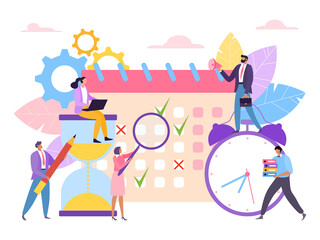 Planner schedule time management business concept, male female freelancer worker, teamwork people isolated on white, flat vector illustration. Office workplace job control, telecommuting job.