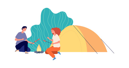 Outdoor relax. Hiking, eco tourism camping. Couple with tent and fire cooking sausages. Happy travellers vector characters. Illustration tourism outdoor, adventure camp and travel