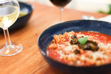 Pasta with tomato sauce, close up pictures