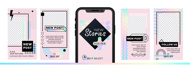 Set of abstract trendy design for stories with dispersion effect.  Editable template for social networks stories. For create trendy stories, sales, poster, new posts in memphis and hipster style. - obrazy, fototapety, plakaty