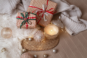 Composition from Christmas decorations. The concept of a cozy home and a Christmas atmosphere.