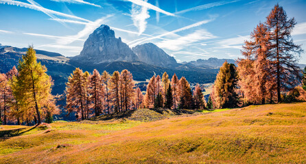Colorful autumn view of Ambrizola mountain range. Breathtaking morning scene of Dolomite Alps,...