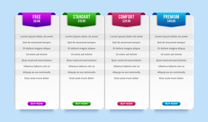Comparison table. Price chart template