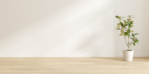 3d render of empty room with wooden floor and vase of plant on laminate floor.