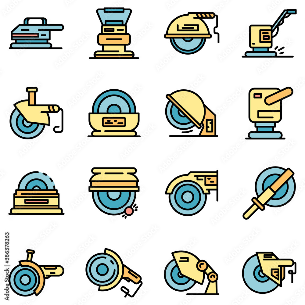 Poster grinding machine icons set. outline set of grinding machine vector icons thin line color flat on whi