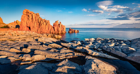 Attractive morning view of Red Rocks Beach, Arbatax. Exotic spring seascape of Mediterranean sea. Colorful outdoor scene of Sardinia island, Italy Europe. Beauty of nature concept background.