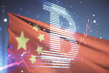 Virtual Bitcoin sketch on Chinese flag and blue sky background. Double exposure