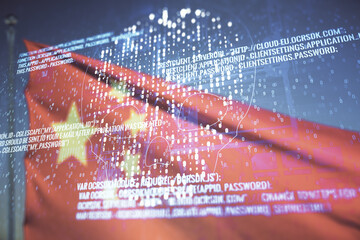 Abstract virtual creative code skull hologram on Chinese flag and sunset sky background, theft of personal data and malware concept. Multiexposure © Pixels Hunter