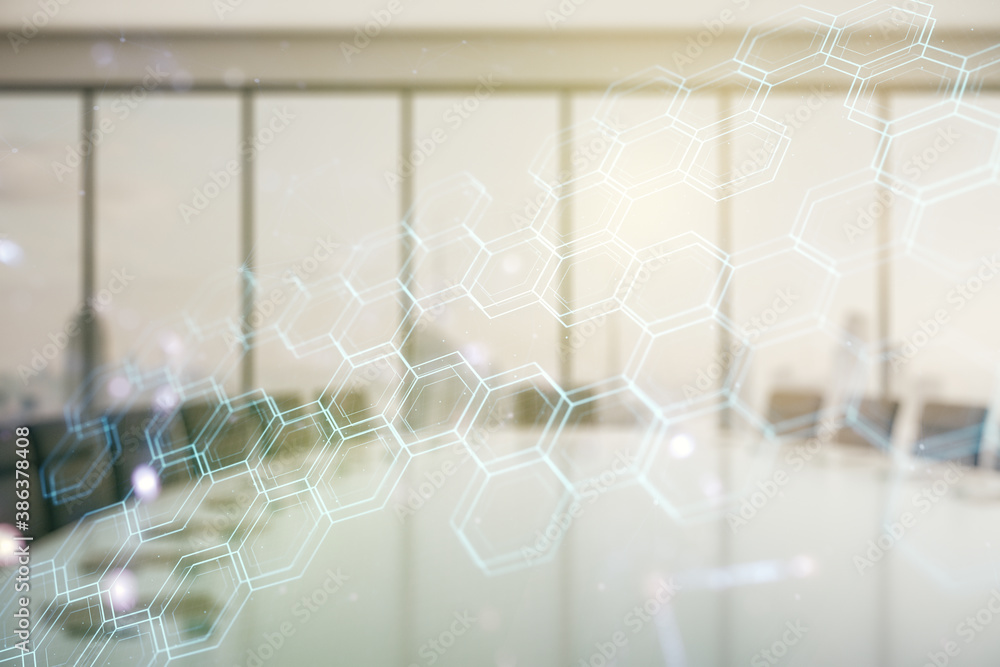 Poster Double exposure of abstract virtual technology hologram with hexagon on a modern meeting room background. Research and development software concept