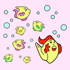 Yellow fishs on a pink background swims and smiles, plays with bubbles.
