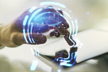Creative artificial Intelligence concept with human head sketch and finger presses on a digital tablet on background. Double exposure