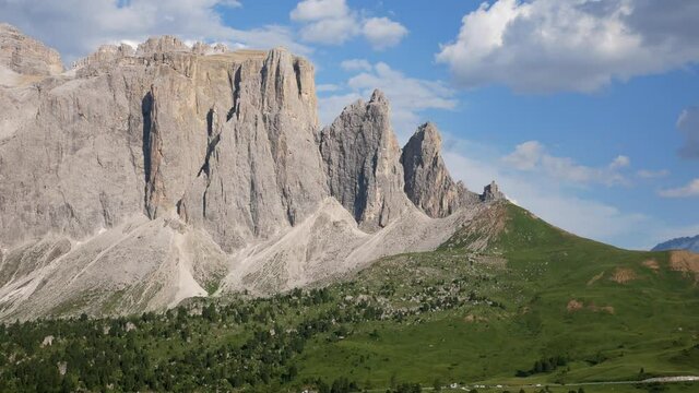 Mountains viewed, Sassolungo and Sassopiatto, Val Gardena, Sella Pass, Sëlva, South Tyrol, Dolomites, Italy. 
