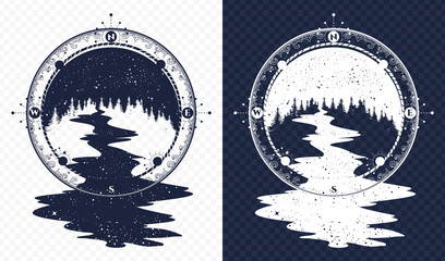 Star river flows from the compass tattoo art. Travel symbol and tourism. T-shirt design, surreal outdoor concept. Black and white vector graphics © intueri