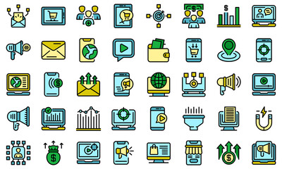 Online marketing icons set. Outline set of online marketing vector icons thin line color flat on white