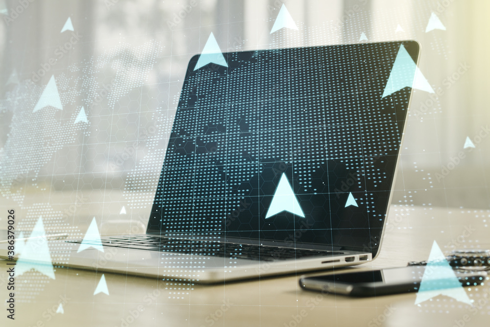 Poster creative concept of geolocations map on modern laptop background. gps tracking and navigation concep