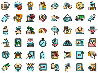 Auction icons set. Outline set of auction vector icons thin line color flat on white
