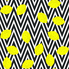 Seamless vector yellow lemons on black and white striped zigzag pattern. 10 eps chaotic citrus and lemon background for design, textile, fabric, cover, wrapping, advertising banner.