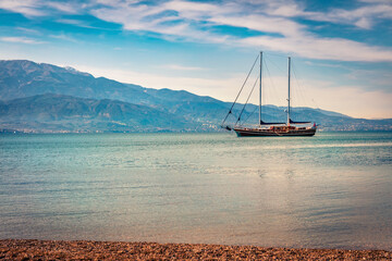 Wonderful summer view of Nafpaktos shore. Picturesque morning scene of the Gulf of Corinth, Greece,...