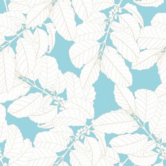 Seamless pattern with leaves and branches of coffee plant, Hand-drawn illustration on vintage blue background.