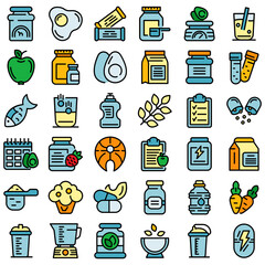 Sports nutrition icons set. Outline set of sports nutrition vector icons thin line color flat on white