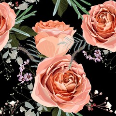 Floral seamless pattern, background design: garden peach, creamy, orange Rose, green leaves and herbs. Watercolor elegant, cute illustration on black background.