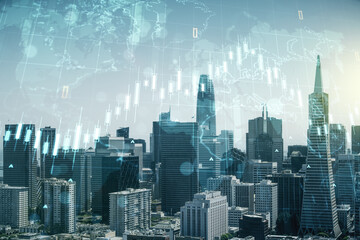 Multi exposure of virtual abstract financial chart hologram and world map on San Francisco skyscrapers background, research and analytics concept