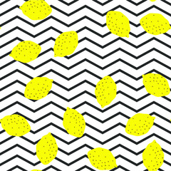Seamless vector yellow lemons on black and white striped zigzag pattern. 10 eps chaotic citrus and lemon background for design, textile, fabric, cover, wrapping, advertising banner.