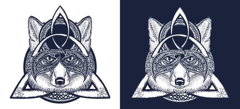 Fox viking in the celtic style, tattoo  and t-shirt design. Magic animals art. Black and white vector graphics