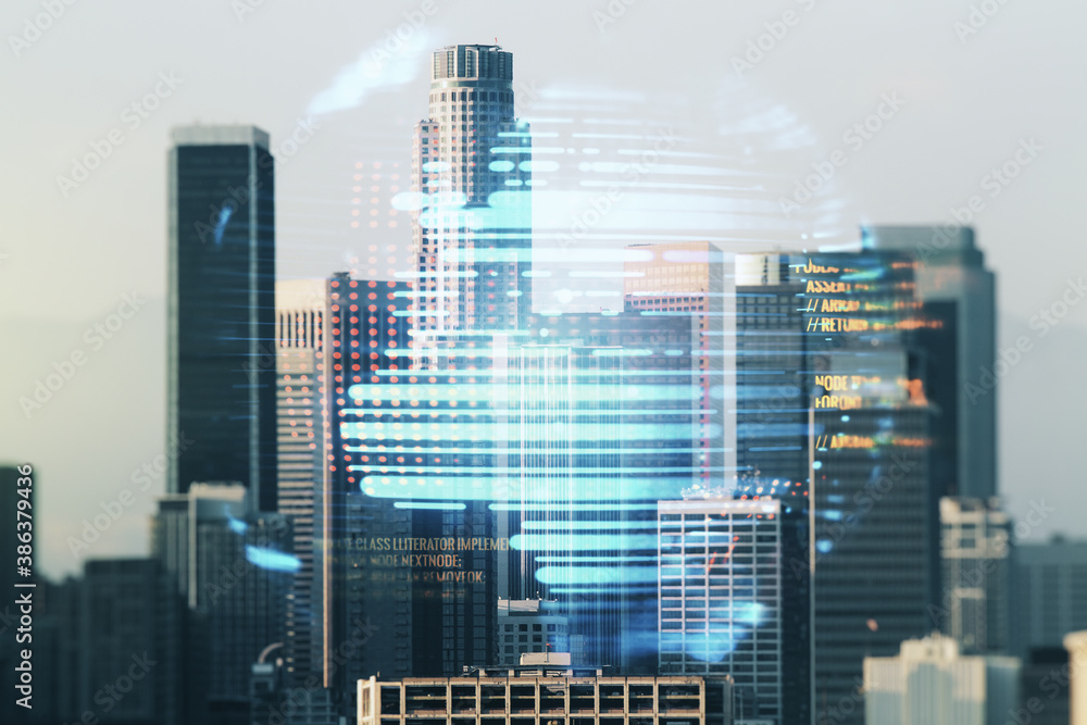 Poster multi exposure of abstract programming language hologram and world map on los angeles office buildin