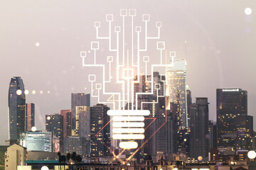 Virtual creative light bulb illustration with microcircuit on Los Angeles cityscape background, future technology concept. Multiexposure